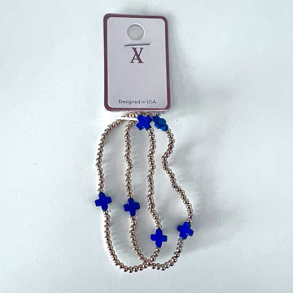 BRACELET 2-Strand NWT Stretch Gold Tone Beads & Blue Purple “+” Shaped Accents